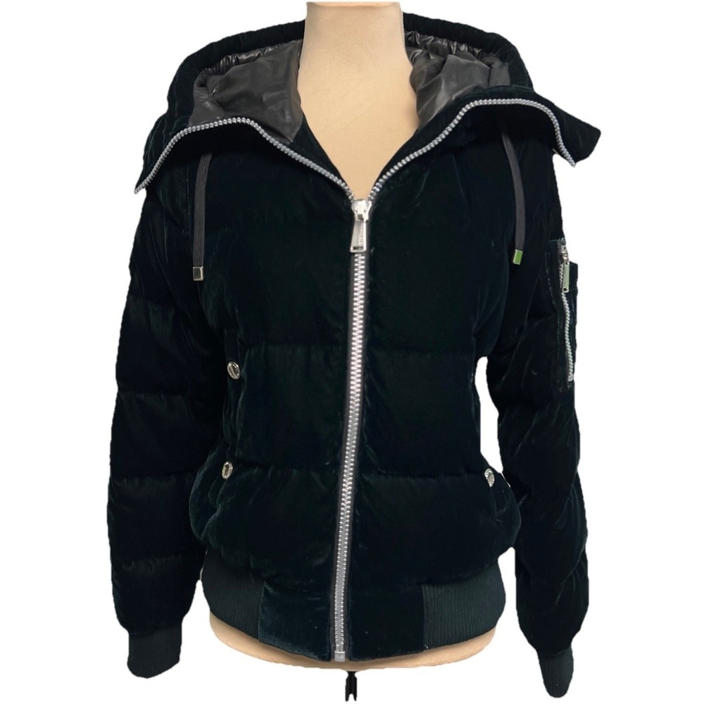 BCBGeneration Women Winter Down Velvet Puffer Coat Outerwear Emerald Green Small